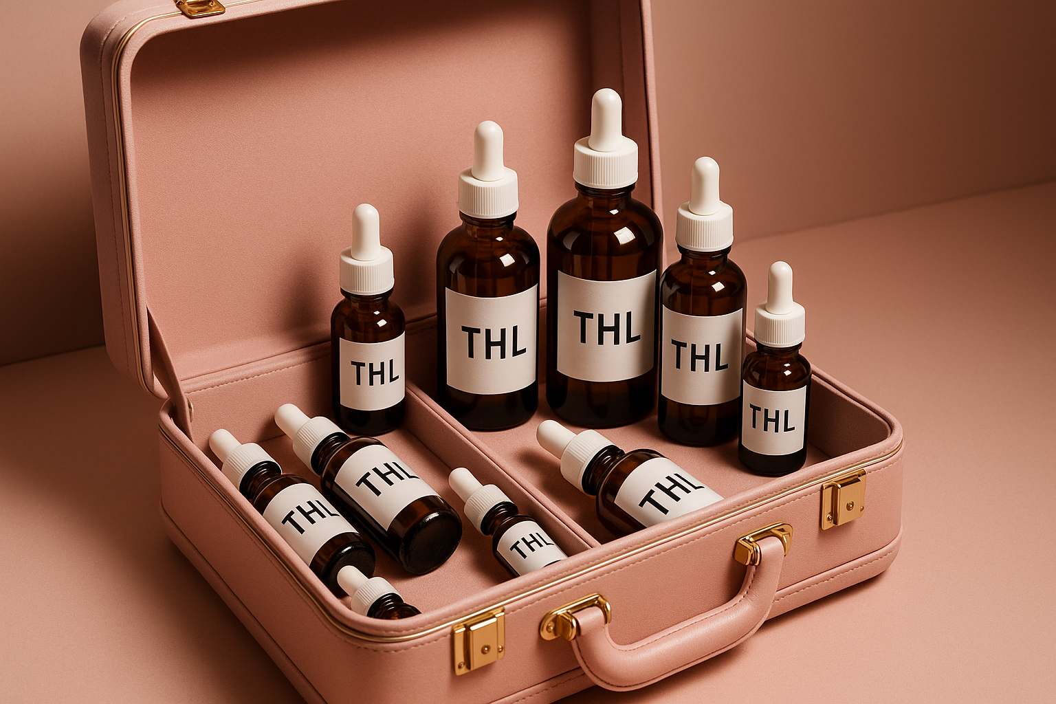 a pink suitcase opened filled with dropper bottles with white labels that says THL on them.